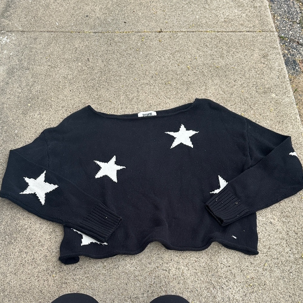 PINK Victoria's Secret Black Knit Off-the-Shoulder Sweater with White Stars XS